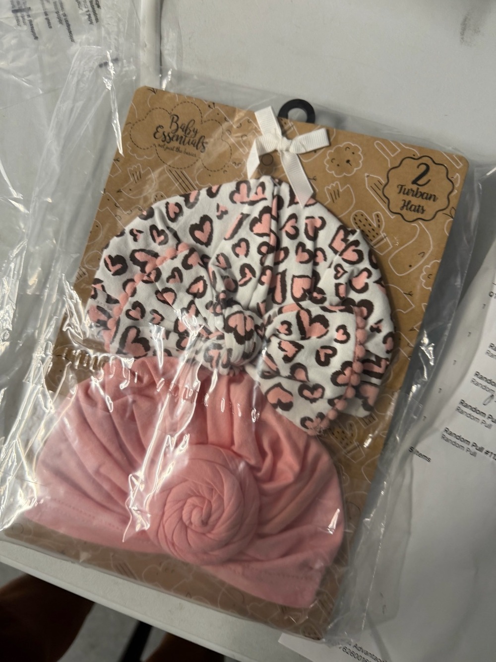 Baby Essentials Pink Heart Leopard & Pink Turban Hat Set - 2 Pack 0-6 months NWT